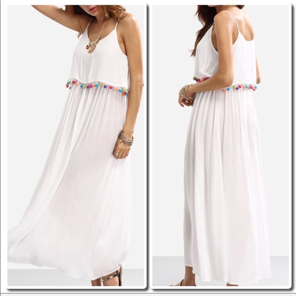 White Spaghetti Strap Maxi Dress with Pom Poms - Picture 2 of 2